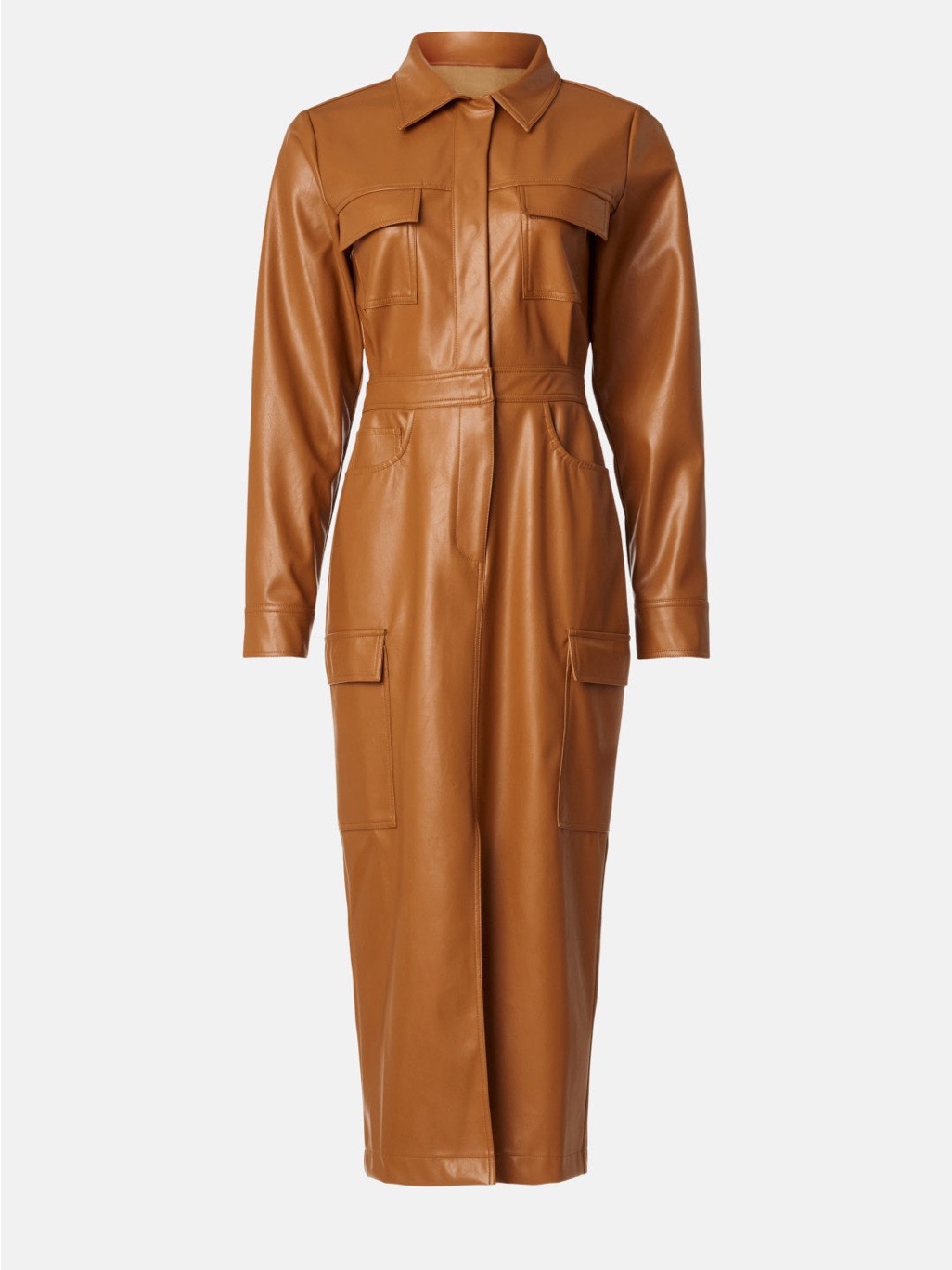 Marissa Webb Cognac Faux Leather Utility Midi Jacket Dress